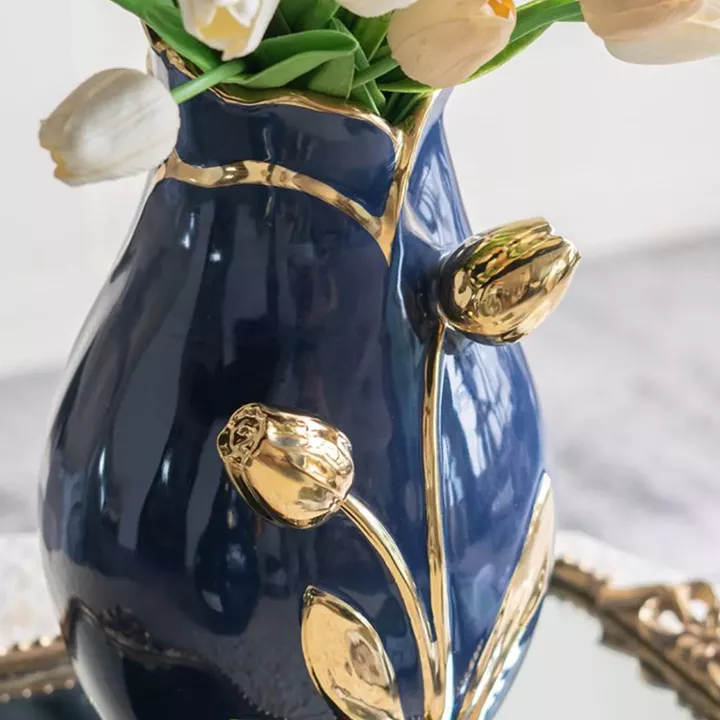 Artekko Glazed Μπλε Κεραμικό Βάζο με Χρυσές Λεπτομέρειες (19x19x28.5)cm
