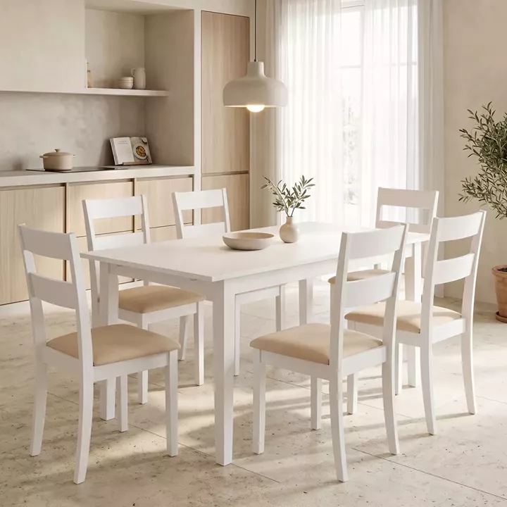 Τραπεζαρία Dallan Mabor pakoworld 7τεμ λευκό rubberwood 120-150x80x73,8εκ