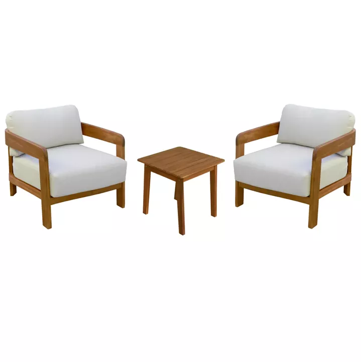 LOUNGE SET SOLARA HM10892 COFFEE TABLE & 2 LOUNGE ARMCHAIRS--ACACIA WOOD-ECRU CUSHIONS