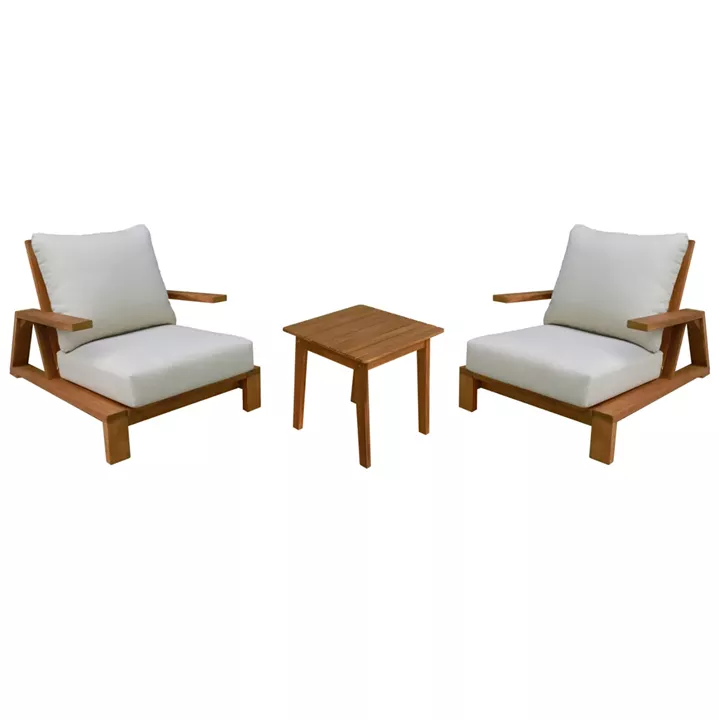 LOUNGE SET MIREX HM10893 COFFEE TABLE & 2 LOUNGE ARMCHAIRS--ACACIA WOOD-ECRU CUSHIONS