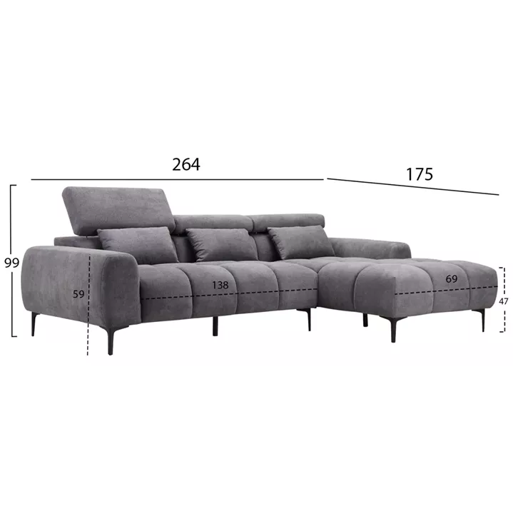 ΚΑΝΑΠΕΣ ΔΕΞΙΑ ΓΩΝΙΑ DIVYA HM3267.12R ΓΚΡΙ ΥΦΑΣΜΑ 264x175x99Υεκ.