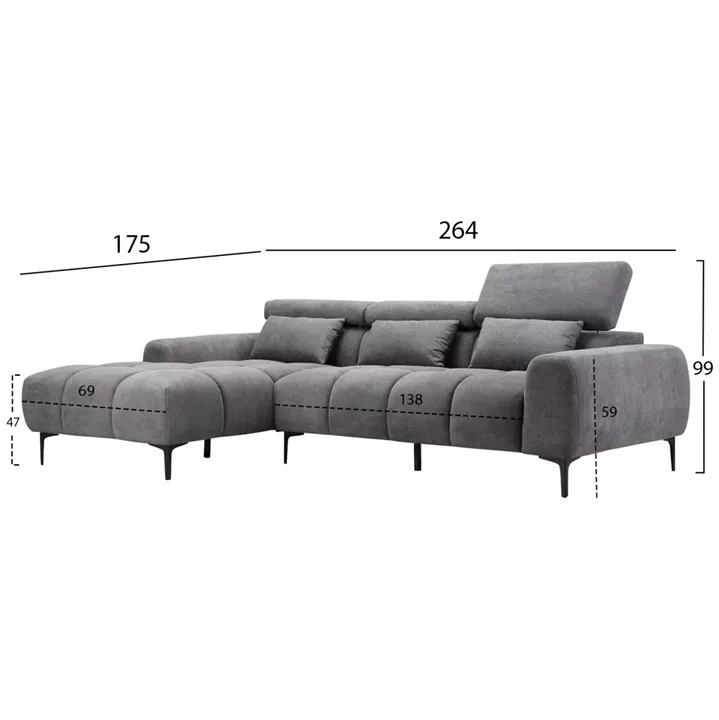 ΚΑΝΑΠΕΣ ΑΡΙΣΤΕΡΗ ΓΩΝΙΑ DIVYA HM3267.12L ΓΚΡΙ ΥΦΑΣΜΑ 264x175x99Υεκ.