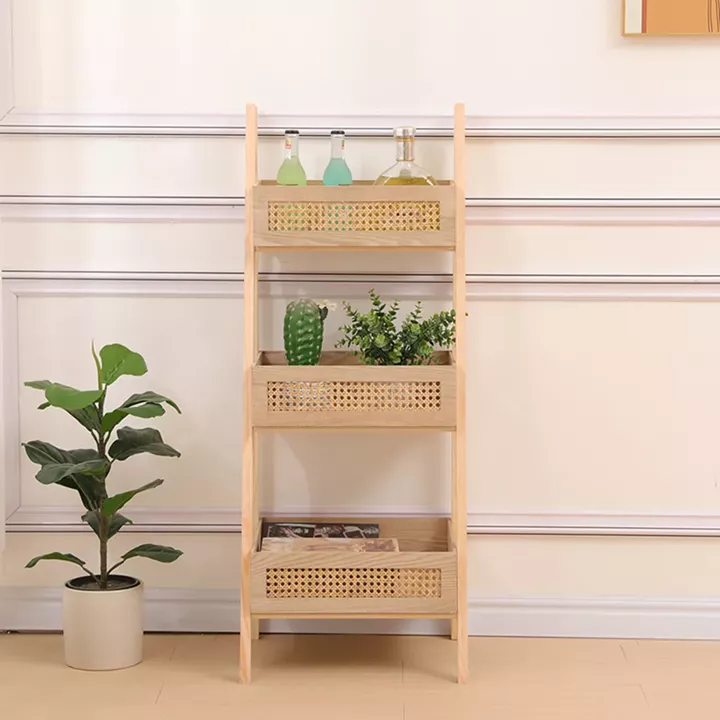 Ραφιέρα επιδαπέδια 3όροφη Scandy pakoworld mdf-rattan σε φυσική απόχρωση 44x37x110εκ
