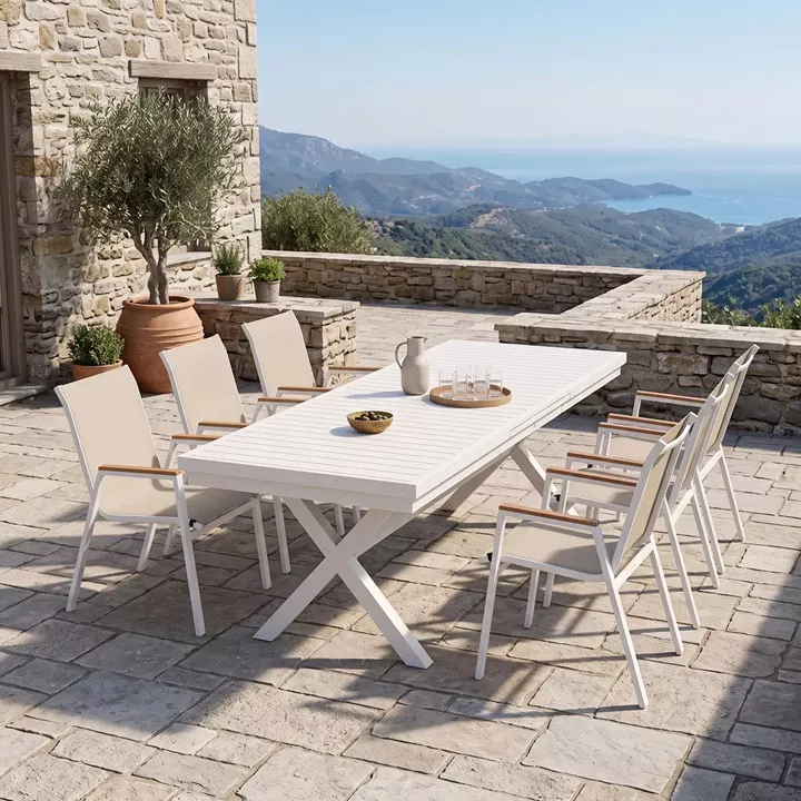Dining set Dagyn Azelie pakoworld set 7pcs white aluminum with beige textilene 180-240x90x76cm