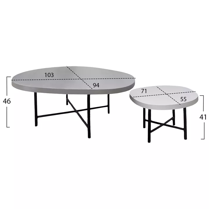 SET 2PCS COFFEE TABLES IFFANS ΗΜ10733.01 FIBER CEMENT IN GREY--BLACK METALLIC LEGS