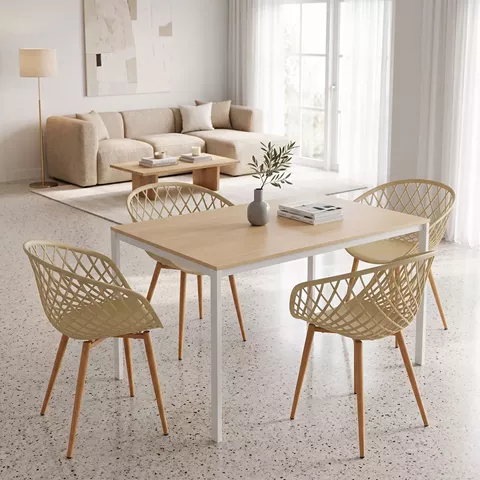 Τραπεζαρία με Πολυθρόνες Ezra cappuccino και Τραπέζι Faragio λευκό με φυσική απόχρωση 120x75x75εκ Σετ 5τεμ