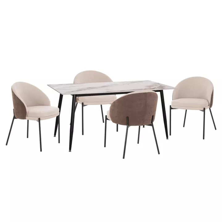 DINING SET 5PCS DETTON HM10951.02 CERAMIC TOP--FABRIC IN BEIGE/BROWN & BLACK METAL LEGS