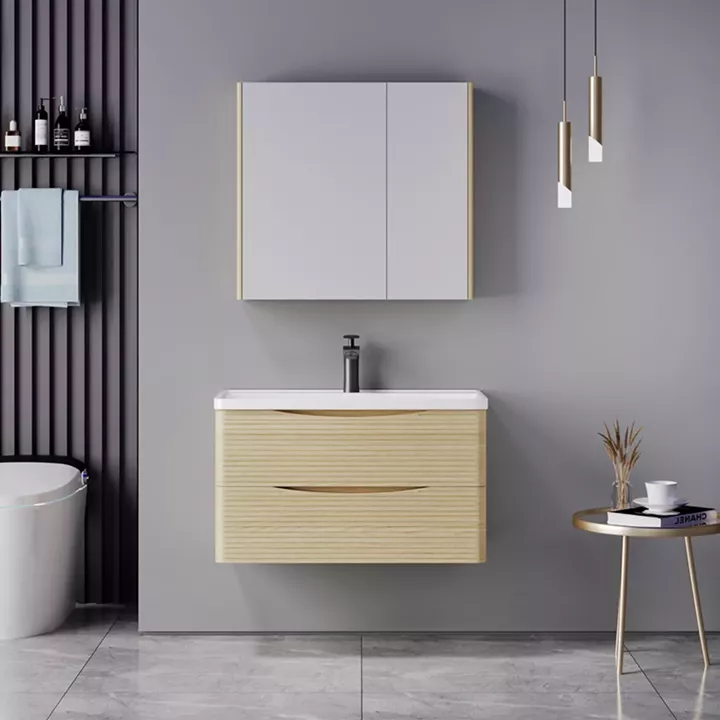 Tzouena pakoworld oak countertop with sink and mirror