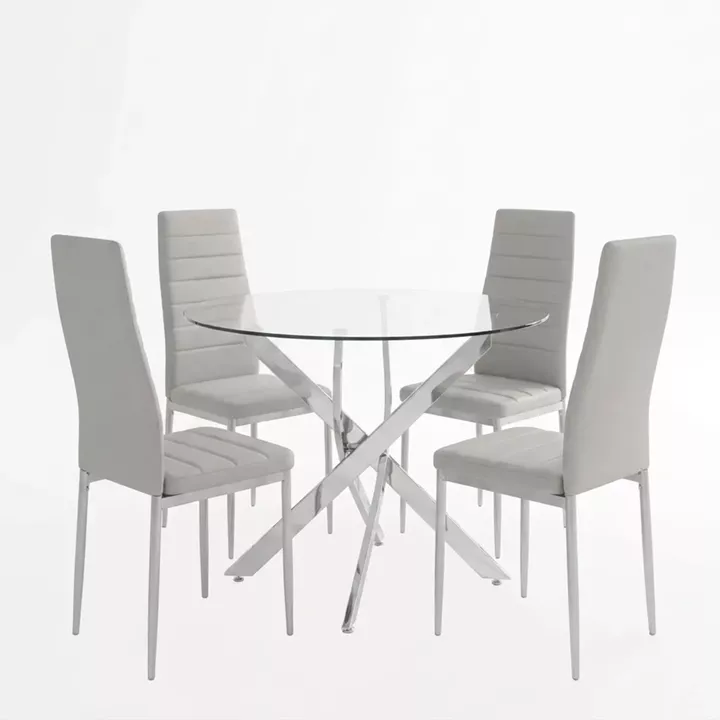 Parker dining set with white Chairs and Antoro glass table with chrome base Ø80x75cm 5-piece Set