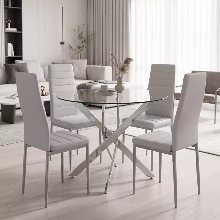 Parker dining set with white Chairs and Antoro glass table with chrome base Ø80x75cm 5-piece Set