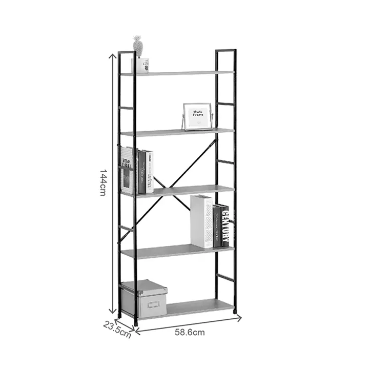 Bookcase Manlo pakoworld oak with black metal 58.6x23.5x144cm