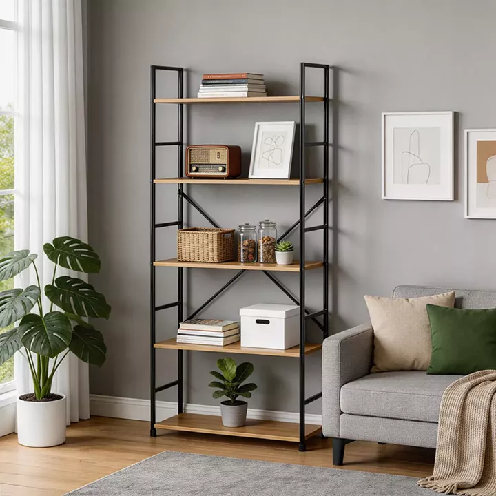 Bookcase Manlo pakoworld oak with black metal 58.6x23.5x144cm
