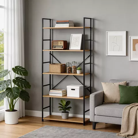 Bookcase Manlo pakoworld oak with black metal 58.6x23.5x144cm