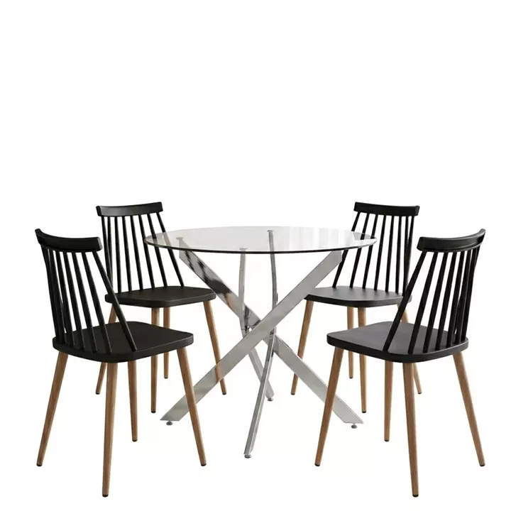 Τραπεζαρία με Καρέκλες Aurora μαύρο και Τραπέζι Antoro γυαλί με βάση χρωμίου Φ80x75εκ Σετ 5τεμ