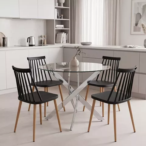 Aurora dining set with black Chairs and Antoro glass table with chrome base Ø80x75cm 5-piece Set