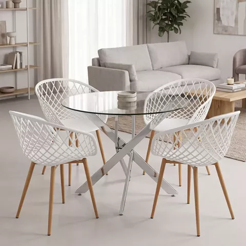 Ezra dining set with white Armchairs and Antoro glass table with chrome base Ø80x75cm 5-piece Set