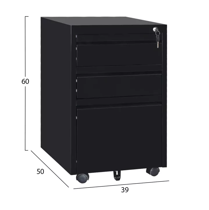 OFFICE CHEST OF DRAWERS SIDER HM6635.01 METAL IN BLACK--3 DRAWERS WITH LOCK 39x50x60Hcm.