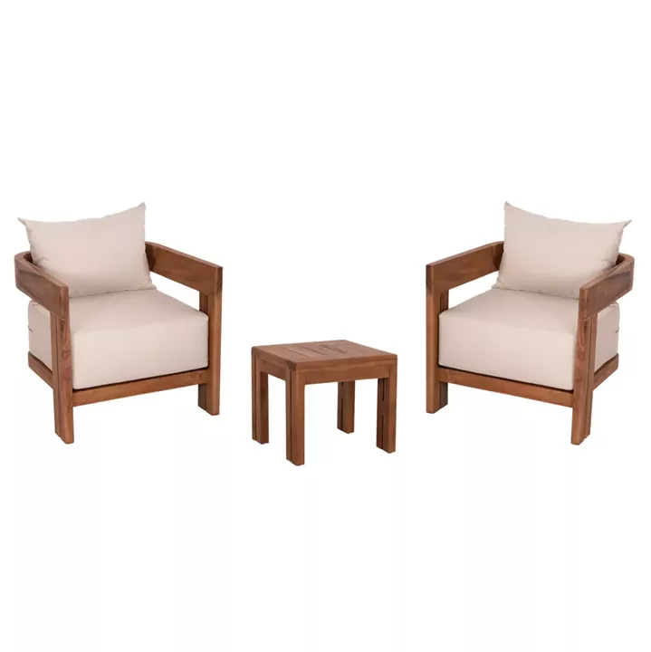 LOUNGE SET KIOTO HM10960 COFFEE TABLE & 2 LOUNGE ARMCHAIRS--TEAK WOOD-BEIGE CUSHIONS