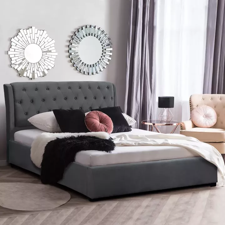 DOUBLE BED WITH MATTRESS ODALYS HM10748.11 VELVET IN GREY--FOR MATTRESS 150x200cm.