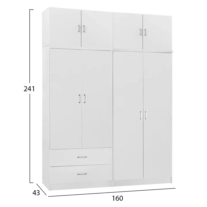 WARDROBE 4-LEAF WITH LOFT & DRAWERS JENNA HM11355.05 MELAMINE IN WHITE 160x43x240Hcm