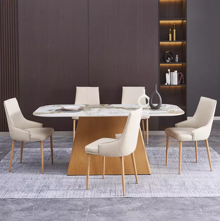 DINING SET 7PCS NORDU HM21359 CERAMIC TOP/MDF LEGS--PU IN CREAM/METAL LEGS