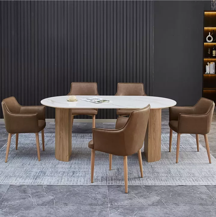 DINING SET 7PCS MELLOW HM21361 CERAMIC TOP/MDF LEGS--PU IN BROWN/METAL LEGS