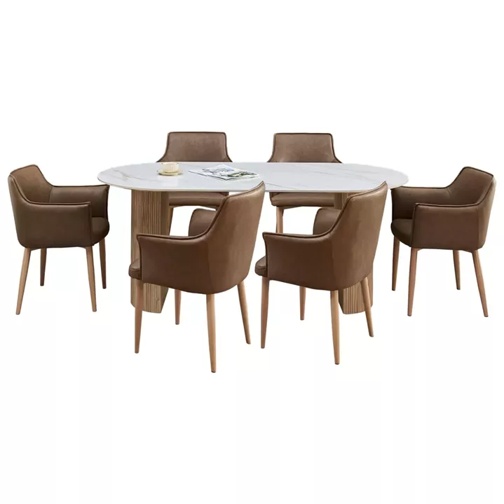 DINING SET 7PCS MELLOW HM21361 CERAMIC TOP/MDF LEGS--PU IN BROWN/METAL LEGS