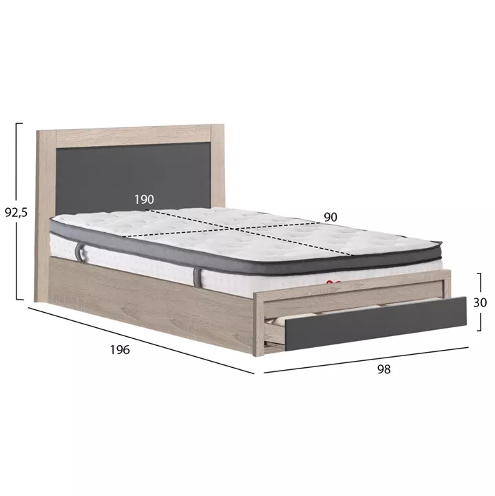 SINGLE BED WITH DRAWER & MATTRESS MELANY HM10745.03 MELAMINE SONAMA/GREY--FOR 90x190cm.