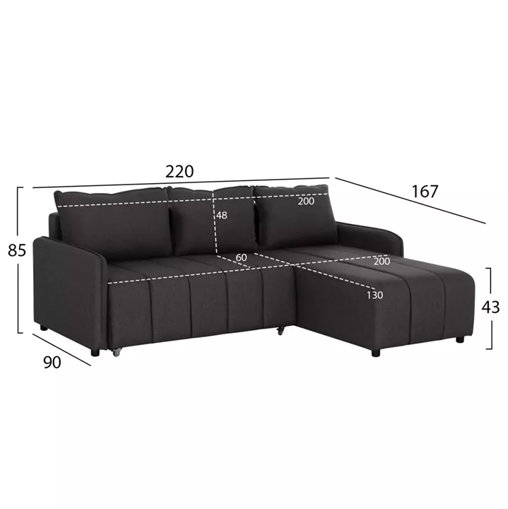 REVERSIBLE CORNER SOFA-BED FREDI HM3312.01 GREY FABRIC 220x167x85Hcm.