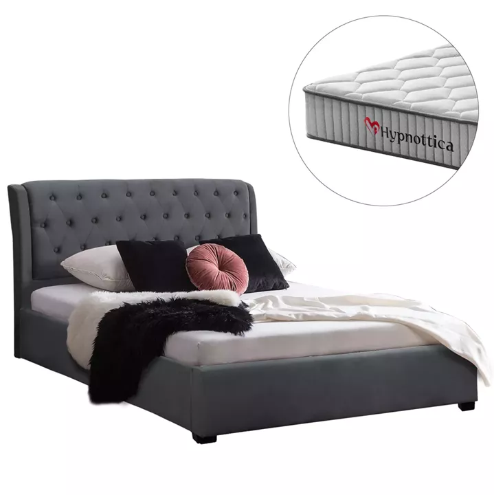 DOUBLE BED WITH MATTRESS ODALYS HM10761.01 VELVET IN GREY--FOR MATTRESS 150x200cm.