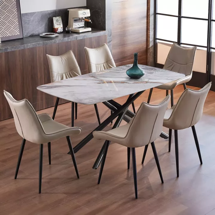 DINING SET 7PCS ISKA HM21363 CERAMIC TOP/METAL LEGS--PU IN BEIGE (TORTORA)/METAL LEGS