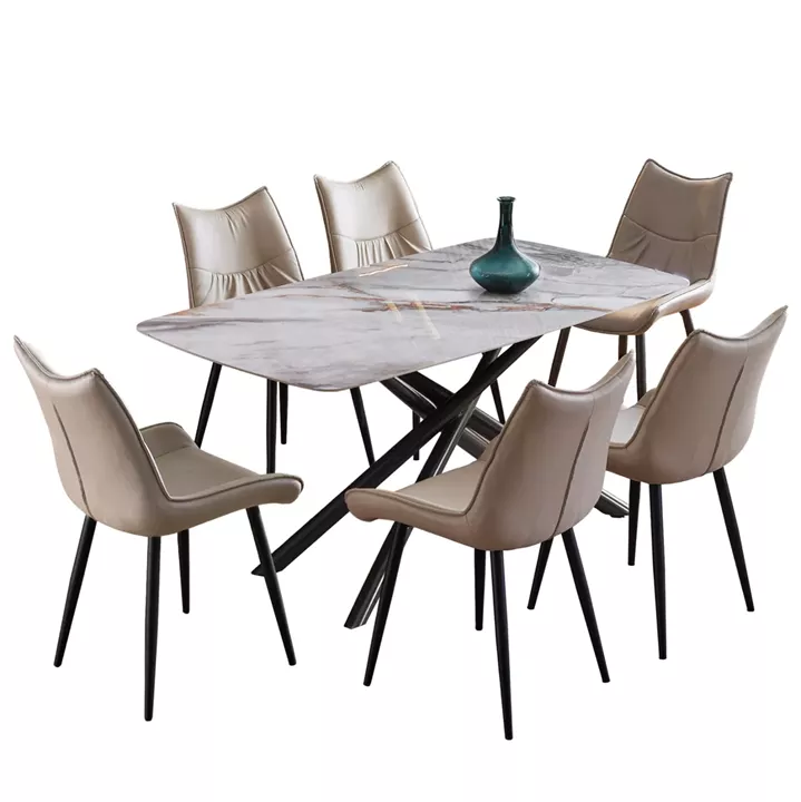 DINING SET 7PCS ISKA HM21363 CERAMIC TOP/METAL LEGS--PU IN BEIGE (TORTORA)/METAL LEGS
