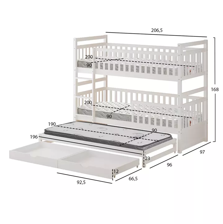 KIDS' BUNK BED WITH MATTRESSES & DRAWERS TRIPLON HM10996 PINE WOOD IN WHITE 207x97x168Hcm.