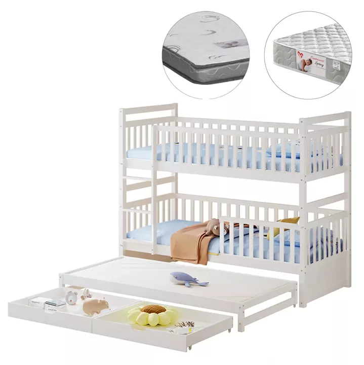KIDS' BUNK BED WITH MATTRESSES & DRAWERS TRIPLON HM10996 PINE WOOD IN WHITE 207x97x168Hcm.