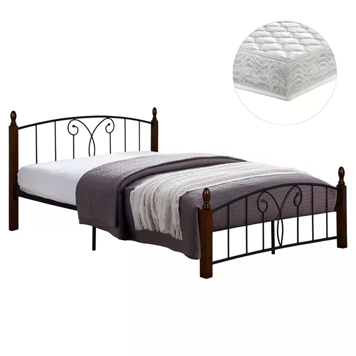 DOUBLE BED WITH MATTRESS SUZIE HM10740 METAL & WOOD IN WALNUT--MATTRESS 150x200cm