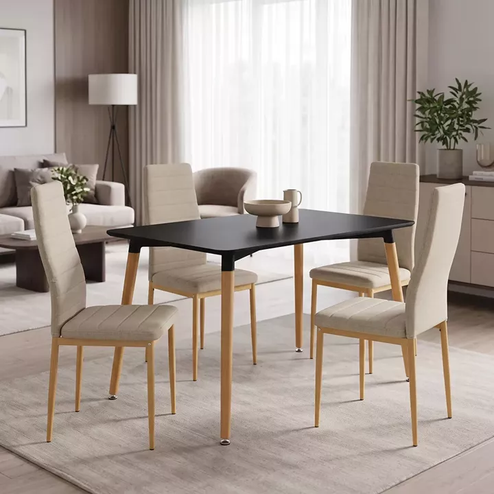 Parker Dining Set with beige Chairs & Natali Black Table 120x80x76cm  5Piece Set