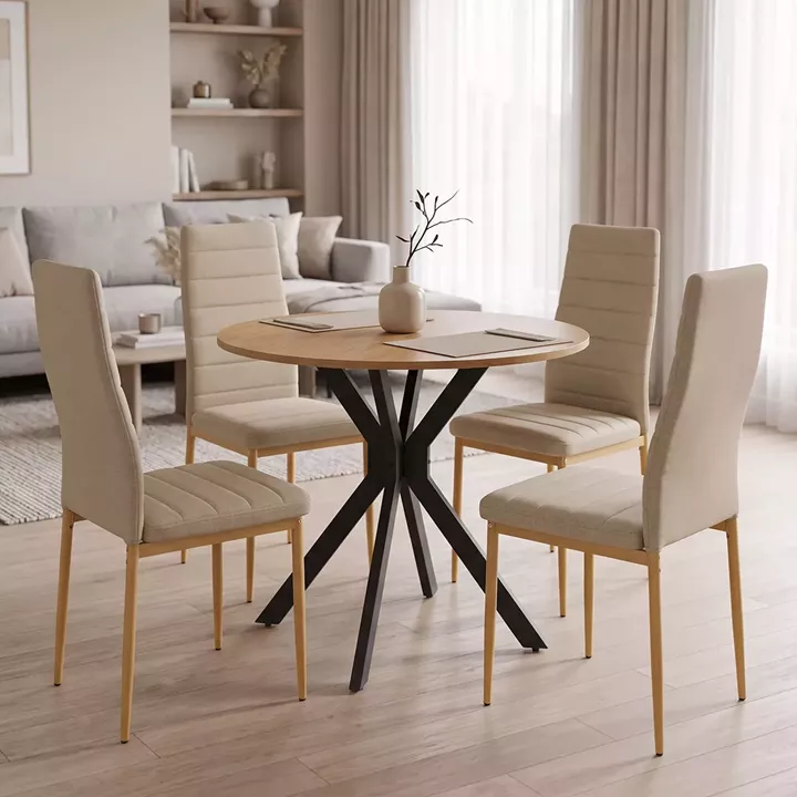 Parker dining set with beige Chairs and Xuson table in natural finish Ø80x75cm 5-piece Set