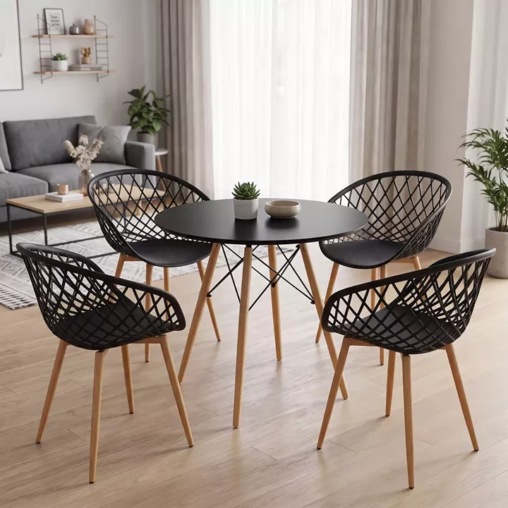 Dining Set with Ezra Armchairs black and Julita Table Black Ø80x73cm Set of 5Pieces