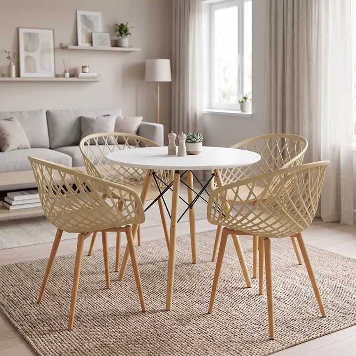 Dining Set with Ezra cappuccino Armchairs and Julita White Table Ø80x73cm Set of 5pcs