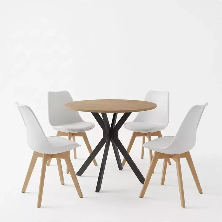 Dining Set with Gaston white Chairs and Xuson Table in natural finish Φ80x75cm Set 5pcs