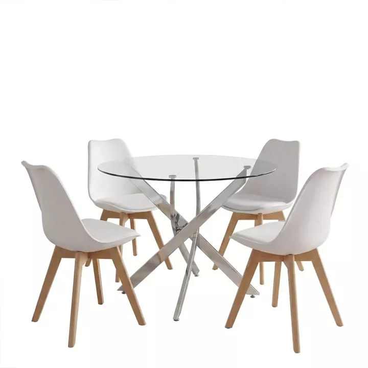 Dining Set with Gaston white Chairs and Antoro Table glass with chrome base Φ100x75cm Set 5pcs
