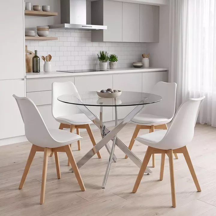 Dining Set with Gaston white Chairs and Antoro Table glass with chrome base Φ100x75cm Set 5pcs