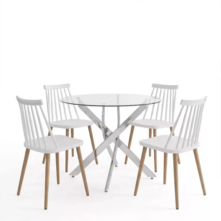 Dining Set with Aurora white Chairs and Antoro Table glass with chrome base Φ100x75cm Set 5pcs