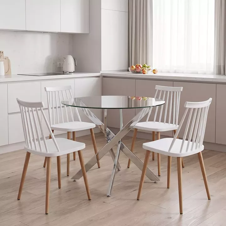 Dining Set with Aurora white Chairs and Antoro Table glass with chrome base Φ100x75cm Set 5pcs