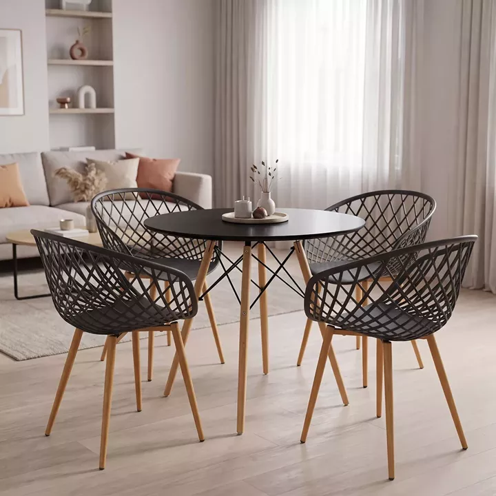 Dining Set with Ezra Armchairs anthracite and Julita Table Black Ø80x73cm Set of 5Pieces