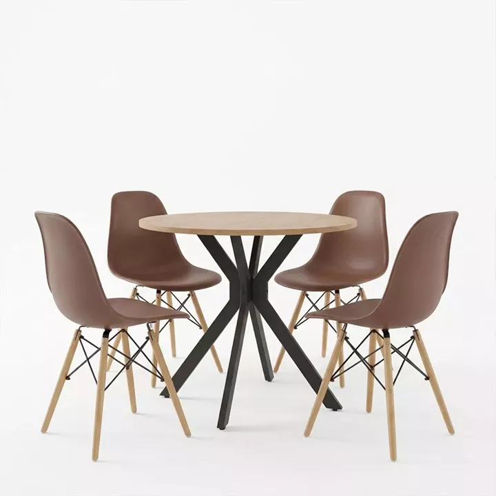 Julita dining set with brown Chairs and Xuson table in natural finish Ø80x75cm 5-piece Set