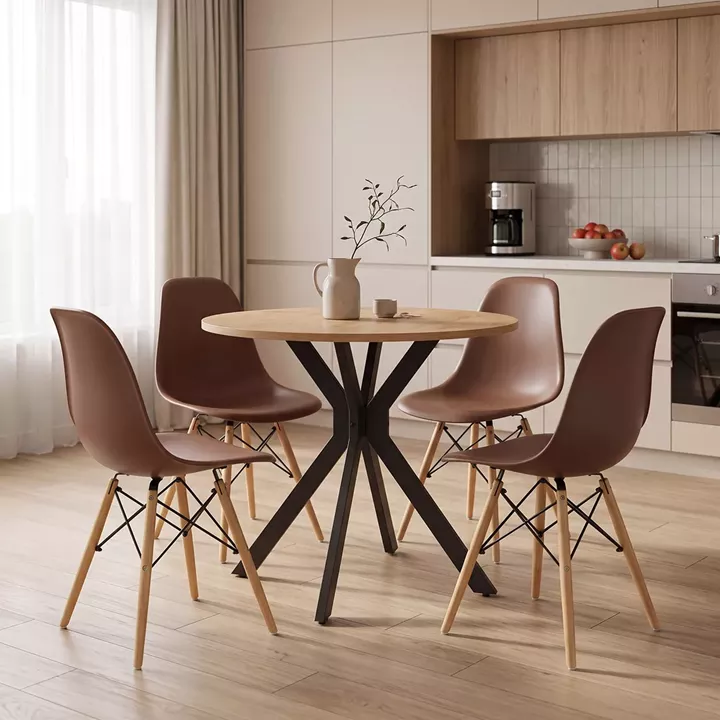 Julita dining set with brown Chairs and Xuson table in natural finish Ø80x75cm 5-piece Set