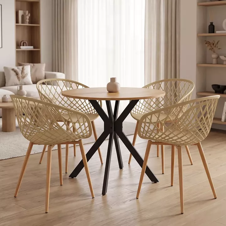 Ezra dining set with cappuccino Armchairs and Xuson table in natural finish Ø80x75cm 5-piece Set