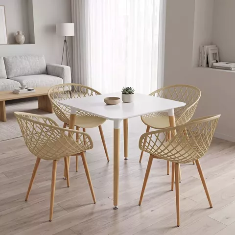 Dining Set with Armchairs Ezra cappucccino and Natali Table White 80x80x76cm Set of 5pcs
