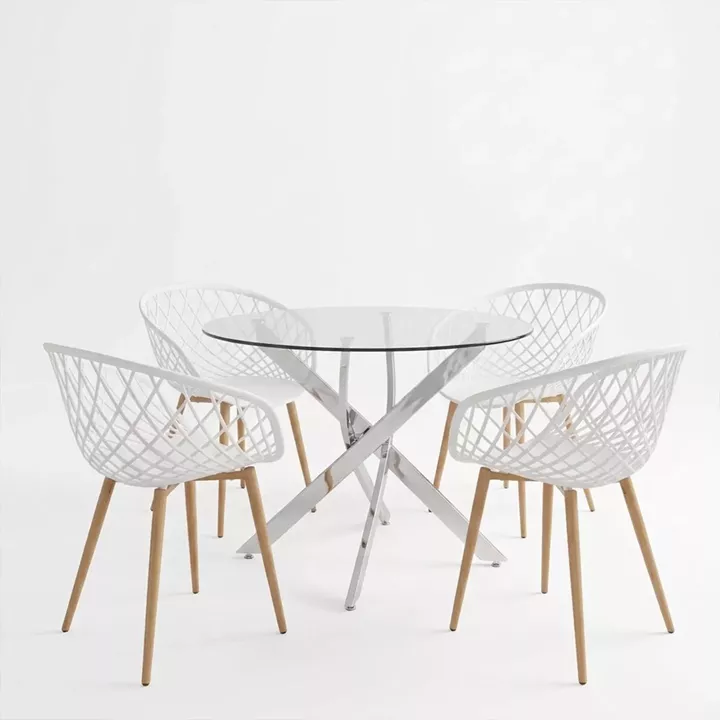 Dining Set with Ezra white Armchairs and Antoro Table glass with chrome base Φ100x75cm Set 5pcs